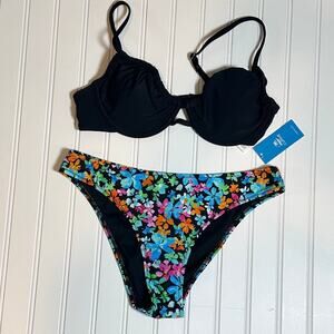 Cupshe Womens Two Piece Swimsuit Black Underwire Bikini Set Medium Floral Bottom